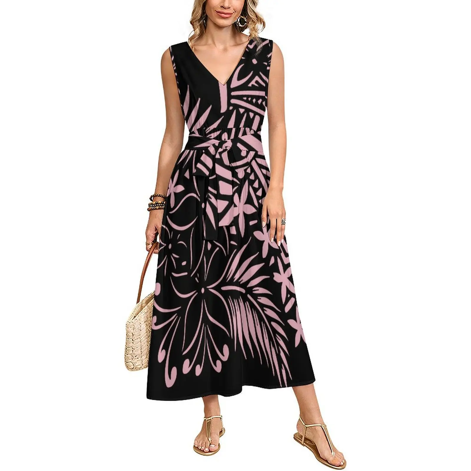 Polynesian Custom-Made Summer V-Neck Sleeveless Pattern Design Art Long Cinched Waist Tie Casual Women'S Dress