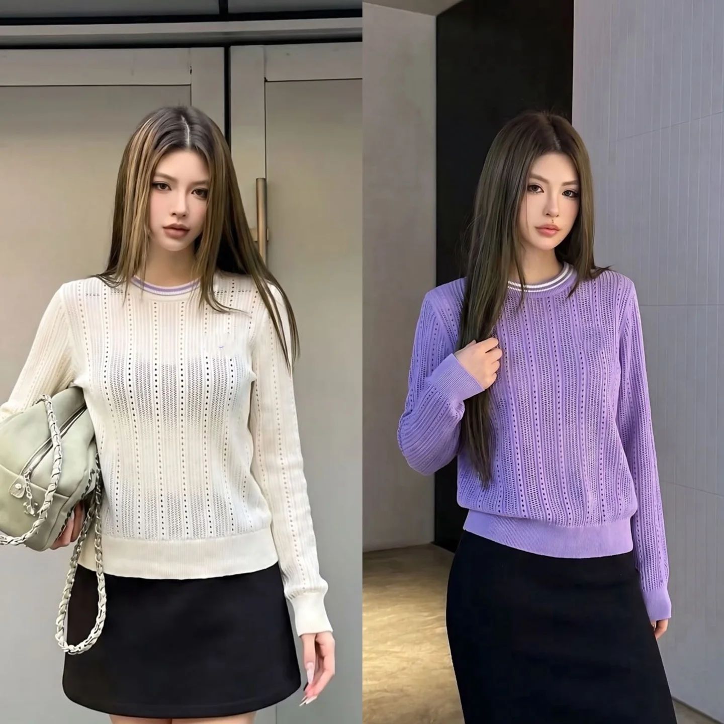 2026 New  Hollowed-out Long-Sleeved Knitted  Vertical Stripes  Round-neck Long-Sleeved T-shirt