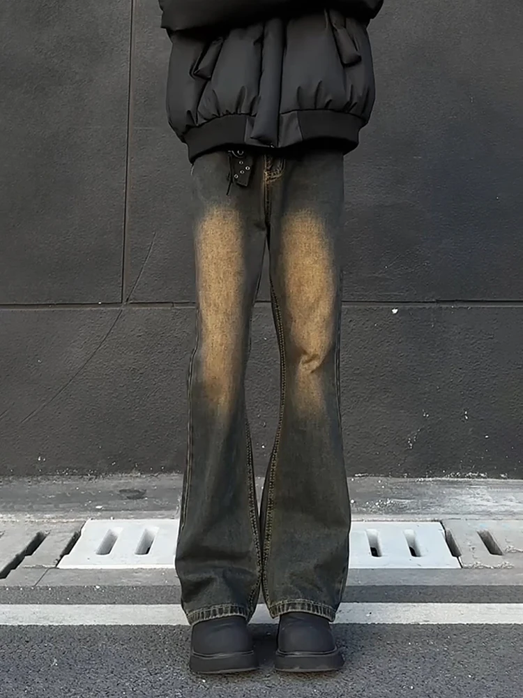 

Washed Rust-Colored Men's Straight Leg Jeans American High Street Style Micro Flared Pants CleanFit Bend Knife Pants