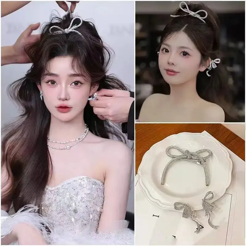 

Женская мода с бриллиантами, супер сверкающий бант с вырезом, верхняя заколка, прямые волосы, модная повязка на голову, зажим для края