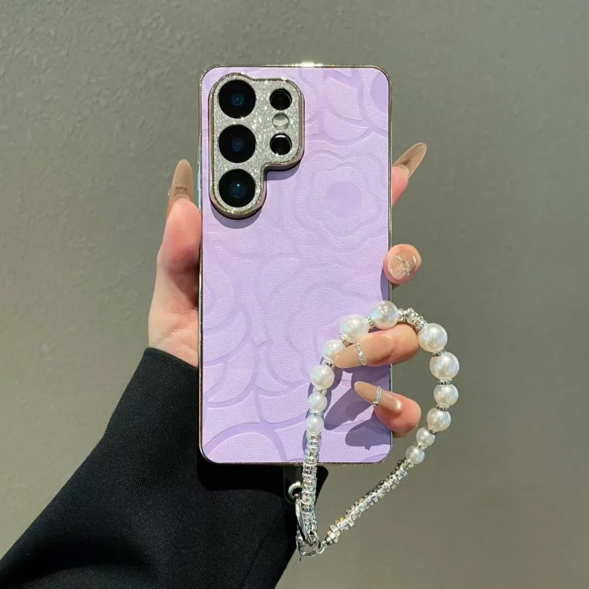 Elegant Glitter Rhinestone Camera Protection Camellia Shockproof Case For Samsung S26 S25 S24 S23 Ultra  Plus FE Lanyard Cover