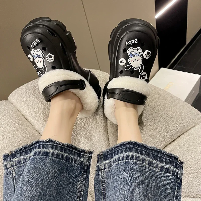 Winter Women\'s Closed Toe Plus Velvet Platform Slippers Keep Warm Increase Height Casual Clogs Shoes for Women Home Cotton Shoes