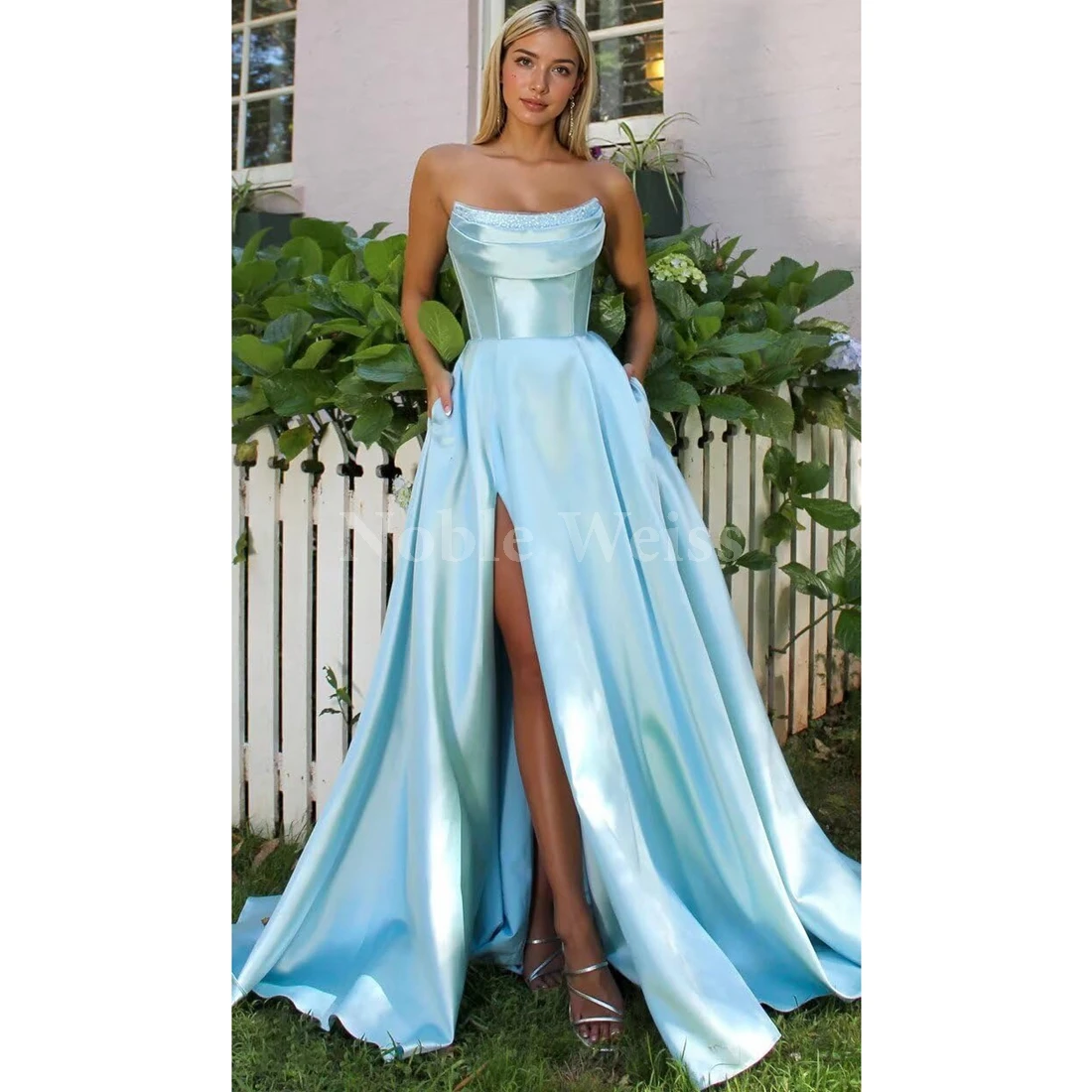 Women's Satin Prom Dresses with Slit A-Line Pockets O-Neck Evening Dresses Pleated Corset Formal Gowns Customize image 4