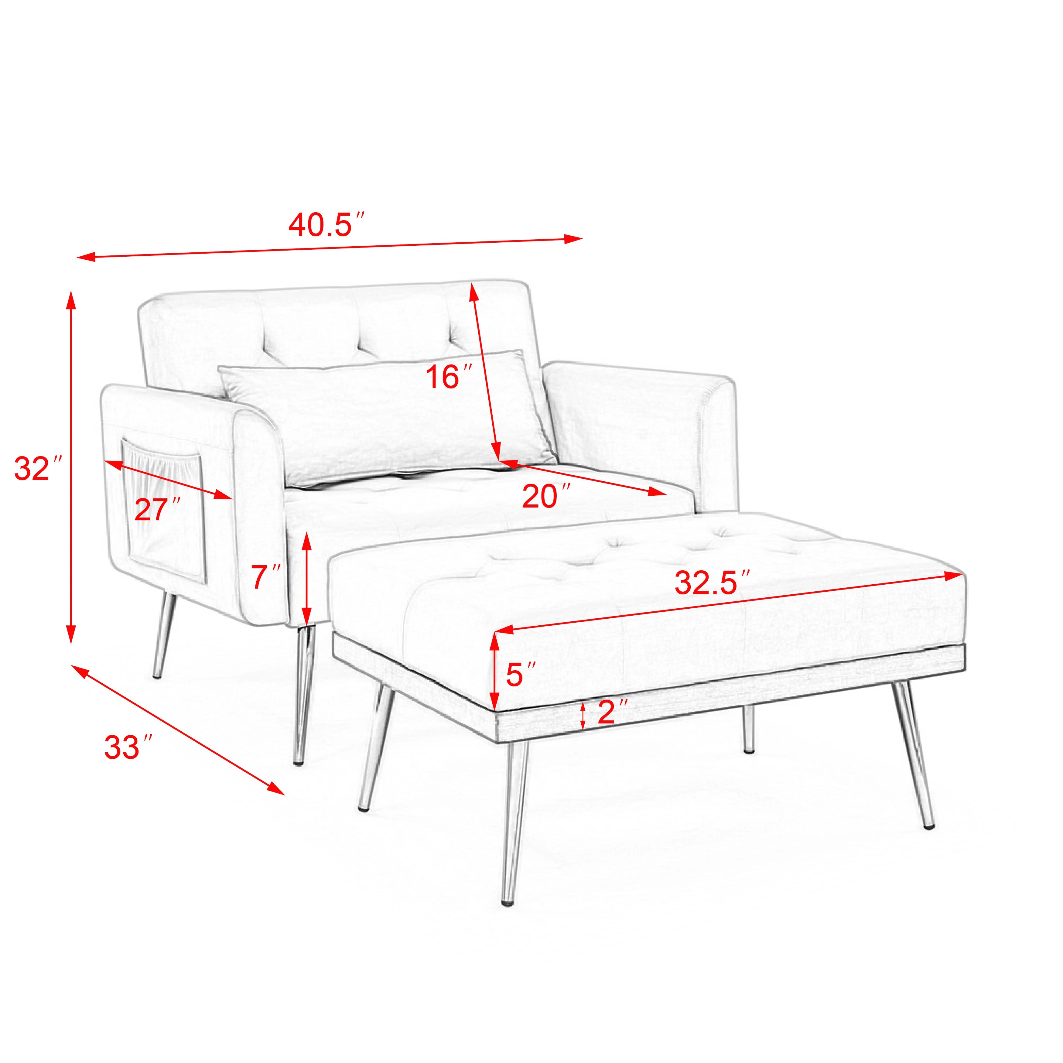 [Flash Sale]Recline Sofa Chair with Ottoman 2 Arm Pocket&Wood Frame Include 1 Pillow 40.5x33x32