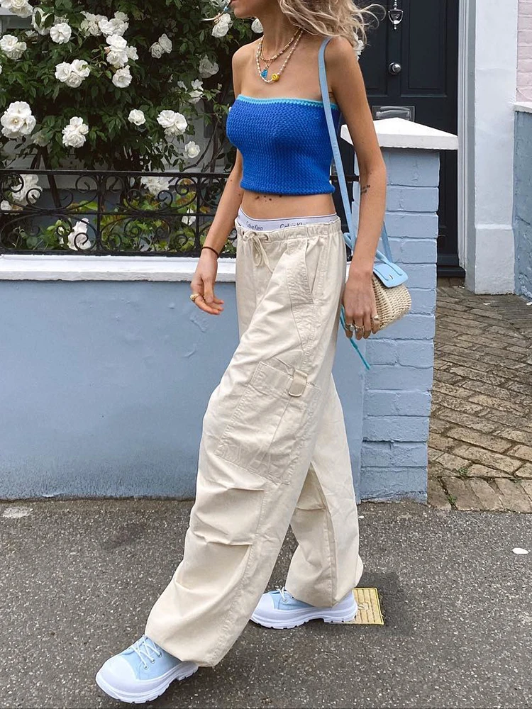 

Women Baggy Cargo Pants Streetwear Solid Color Sweatpants Elastic Waist Loose Joggers Punk Harajuku 90s Trousers with Big Pocket