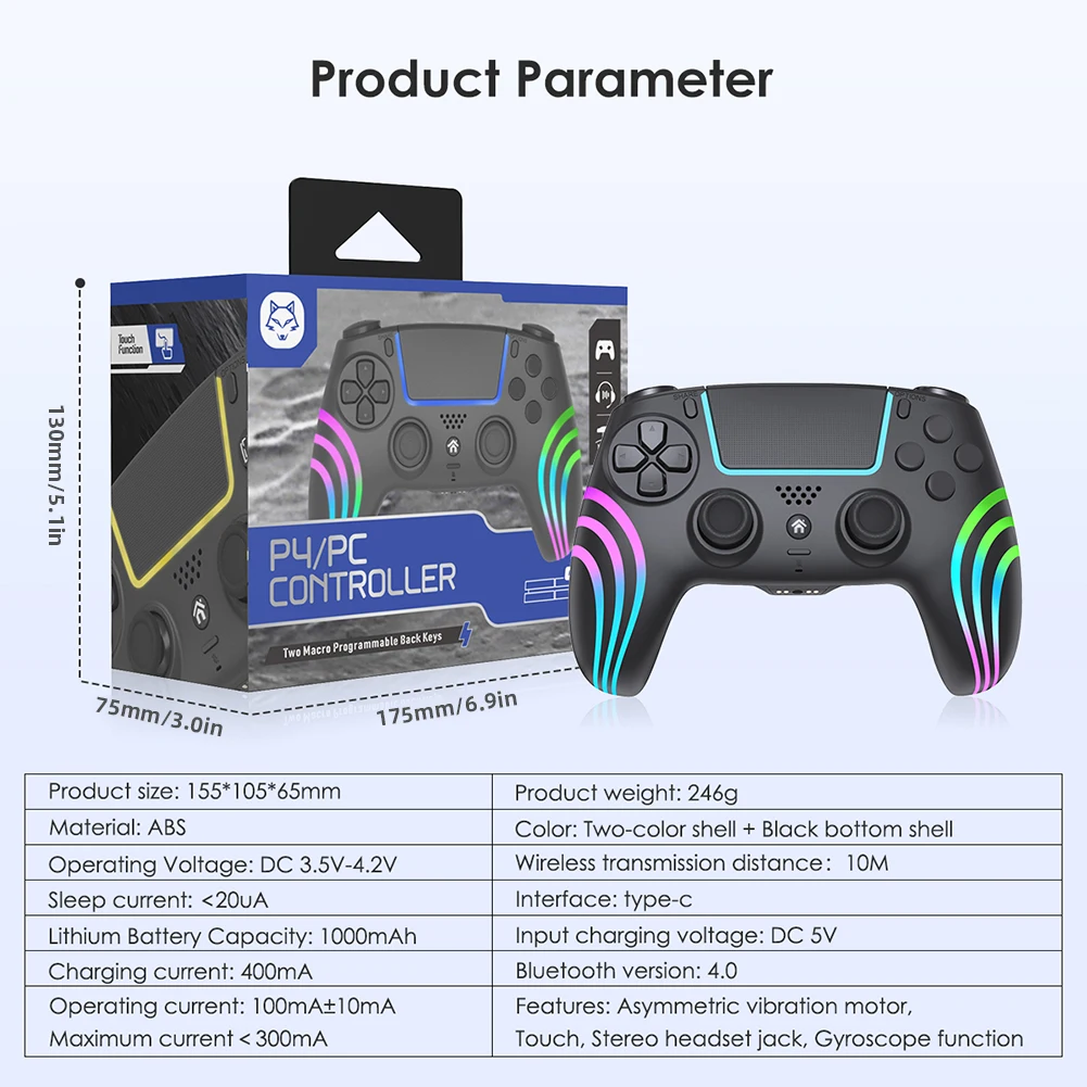 Dupla Vibração Gamepad Sem Fio, Controlador Bluetooth, Consola De Jogos, Joystick, Punho Luminoso, PS4