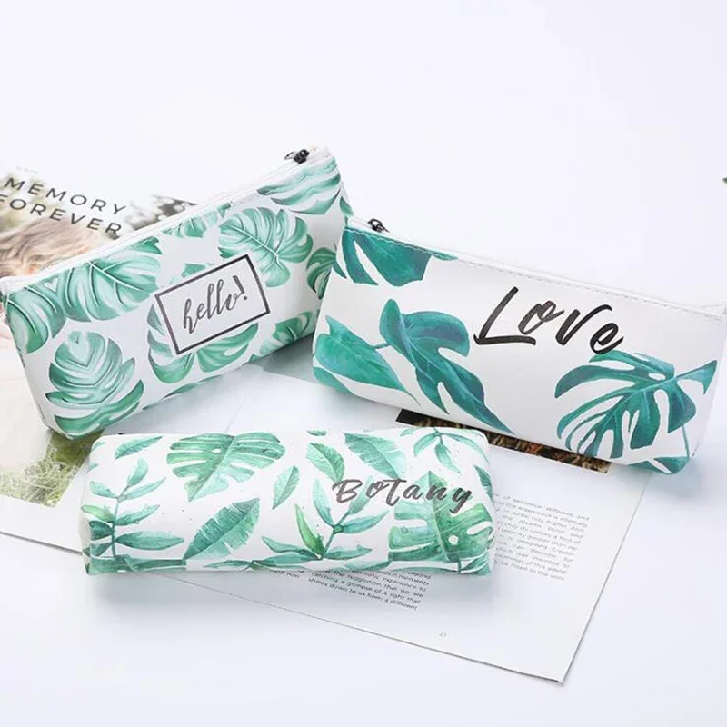 Turtle Back Leaf Random Pattern Leather Zipper Pencil Bags Creative Small Fresh Style Large Capacity Pencil Pouch Stationery