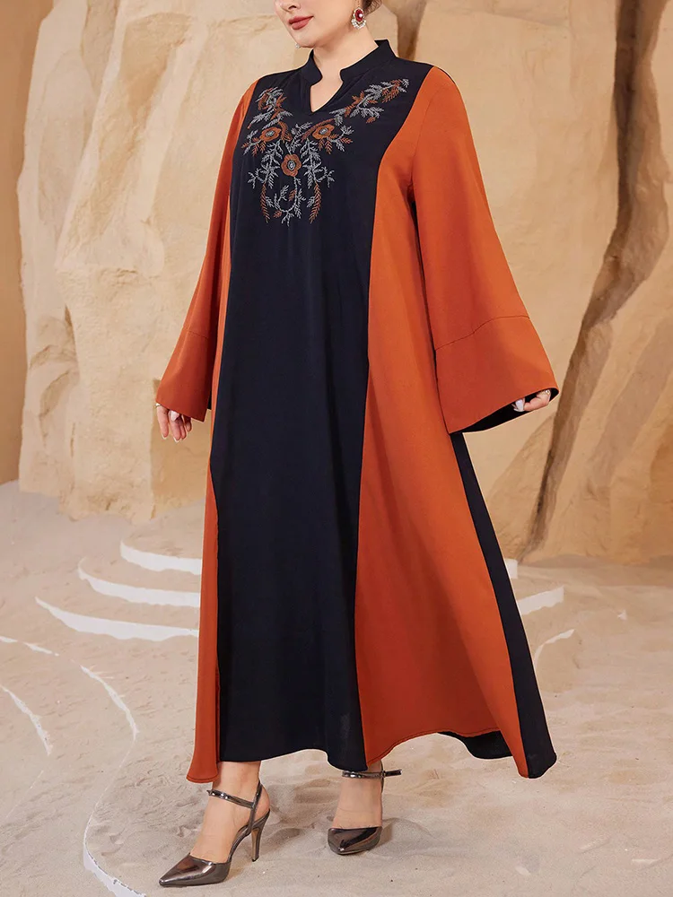 GIBSIE プラスサイズ エスニックスタイル エレガント アバヤドレス レディース 2025 秋冬 イブニングパーティー 刺繍入りローブ ストレート ロングドレス