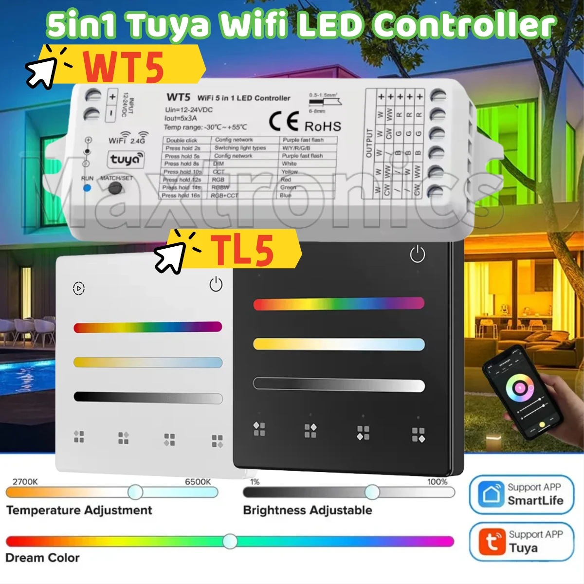WT5 5in1 Tuya Wifi LED Controller 4 Scene 4 Zone Touch Panel RF 2.4G Remote Alexa Google for  RGBCCT LED Strip Light Controler