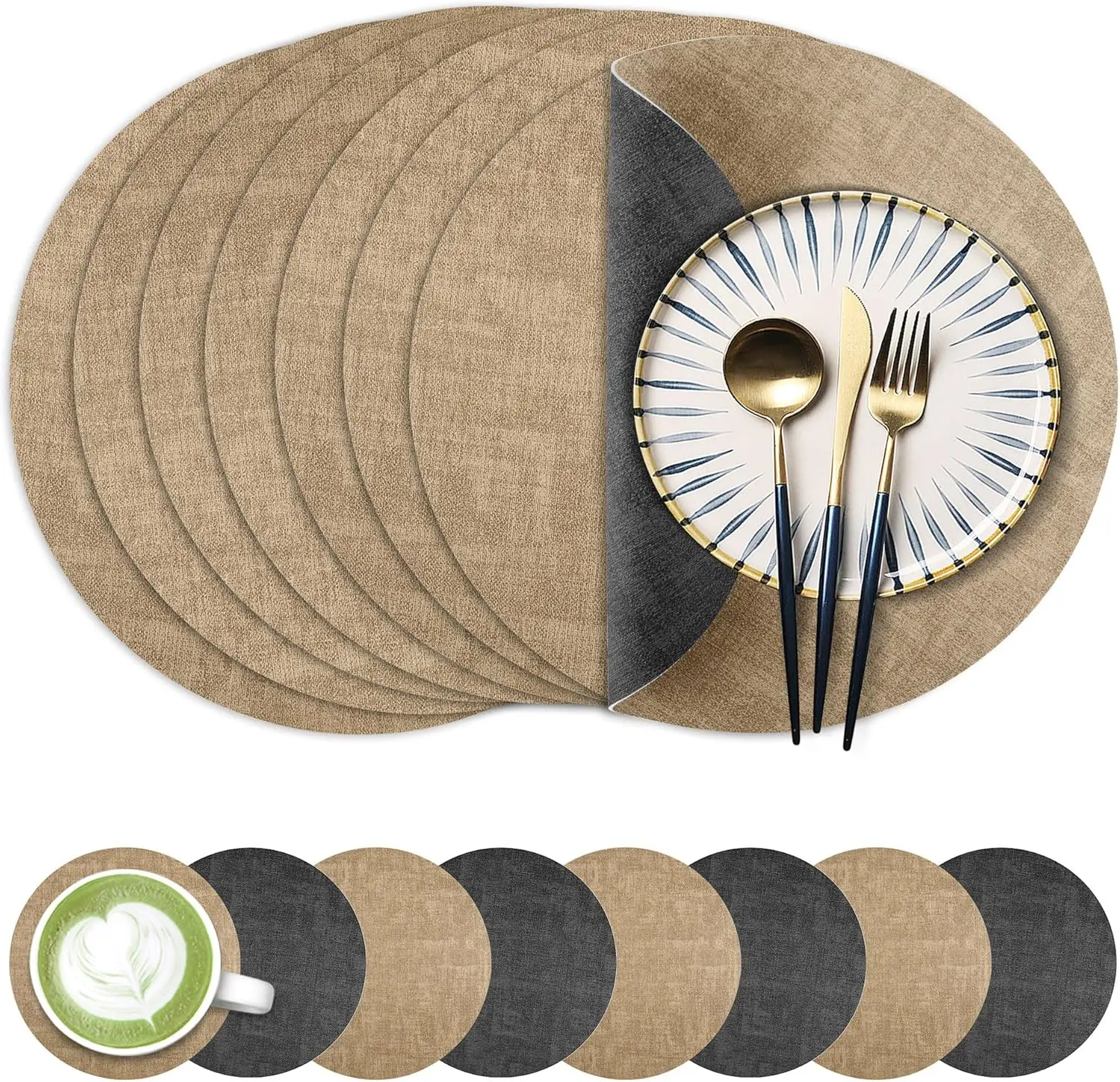 

13-Inch Faux Leather Round Placemats Set of 8, Waterproof Anti-Slip Dual Sided Place mats, Heat