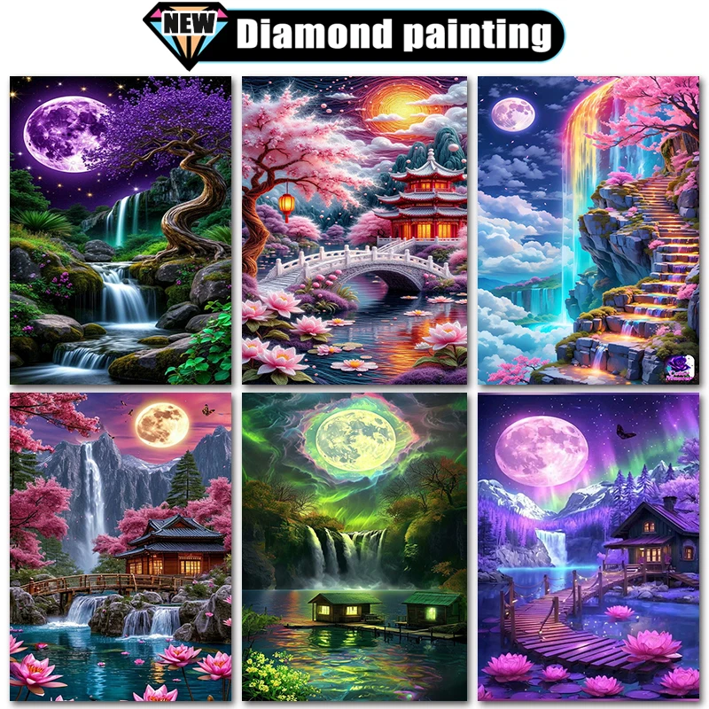 Duży obraz diamentowy z motywem kaskad w świetle księżyca, dekoracja domu, pełny kwadratowy i okrągły haft mozaikowy, haft krzyżykowy, prezent.