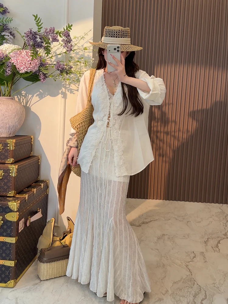 

Стильная женская рубашка с 3D цветочным кружевом и бантом, свободного кроя, для лета 2026, в повседневном стиле, дышащая, комфортная, с длинным рукавом