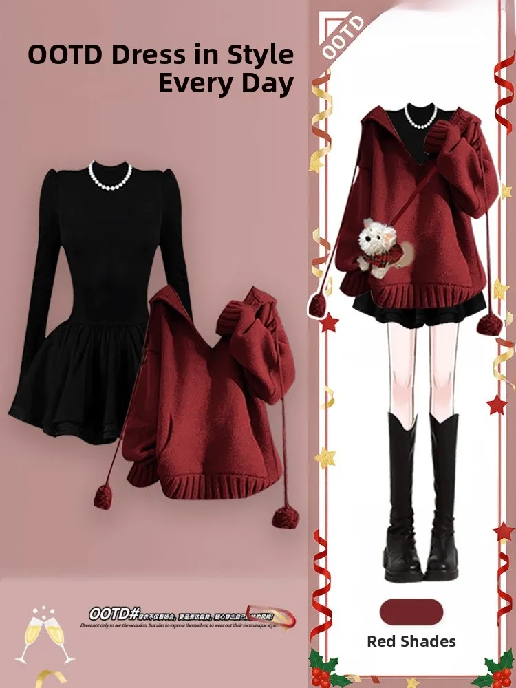 Cisas Aosphere Red Dr Autumn Winter Set High Waist A-Line Skirt Long Sve Commute Casual Ci Wear Polyester Fiber