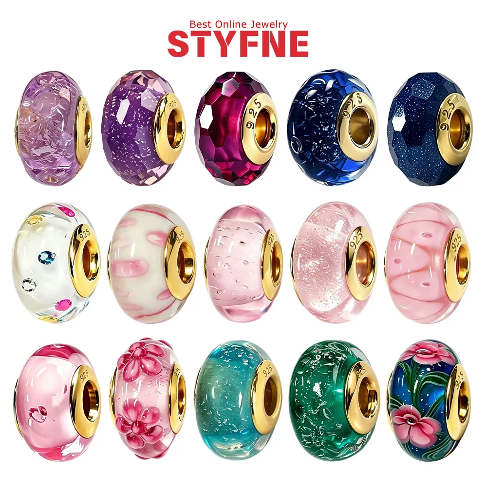 Original Charms aus 925er Silber, glitzernde Glasperlen im Murano-Stil, passend für Armbänder, rosa, lila, grün, floral, DIY-Schmuck, exquisites Geschenk