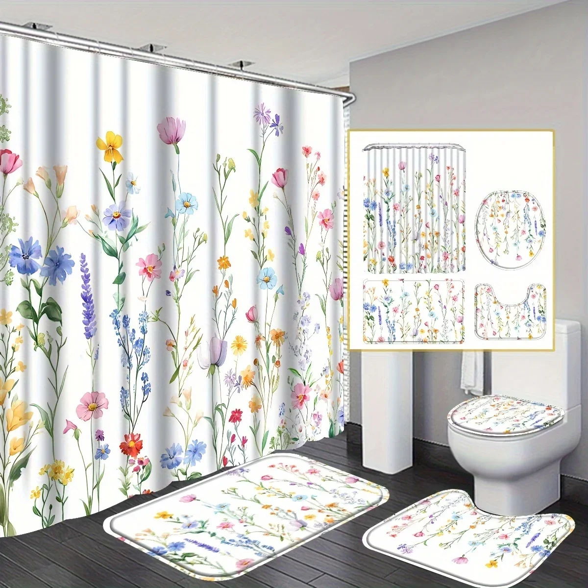 

4-х предметный набор красочных занавесок для душа с цветочным принтом, современные декоративные шторы для домашней ванной комнаты и коврики для унитаза с крючками