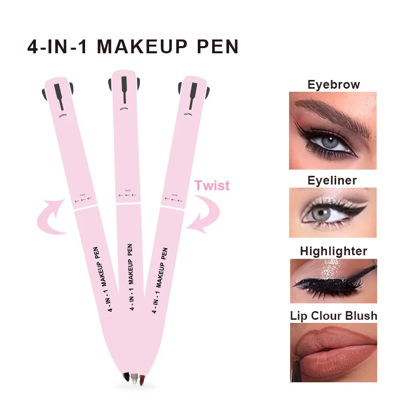 Multifunctional 4 In 1 Makeup Pen Eyebrow Pencil Rotating Lip Liner High Gloss Waterproof Sweat Proof Long Lasting Cosmetics