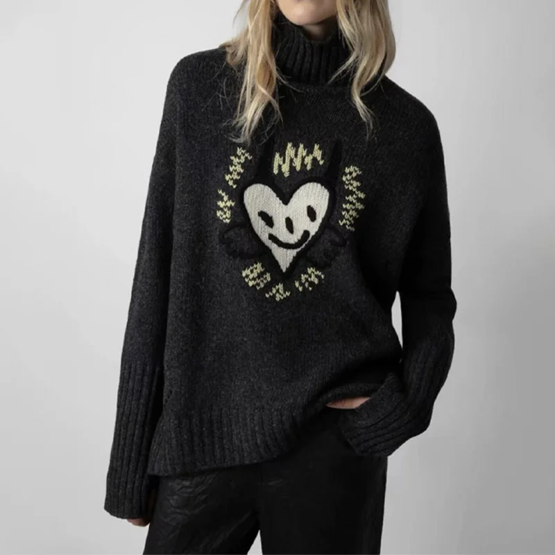 

Dark Grey Turtleneck Sweater Female Little Monster Pullover Loose Embroidered Jumper Women Pullover Lady Casual Winter Top