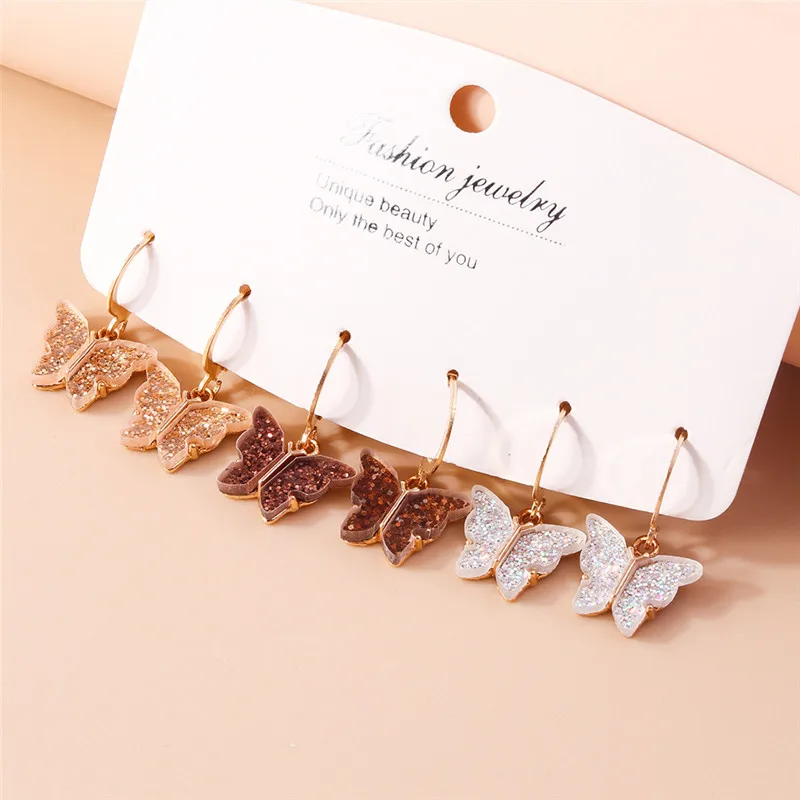 Aihua 6pcs/set Bohemia Colorful Acrylic Butterfly Earrings Set for Women Girls Gold Color Metal Butterfly Drop Earring Jewelry