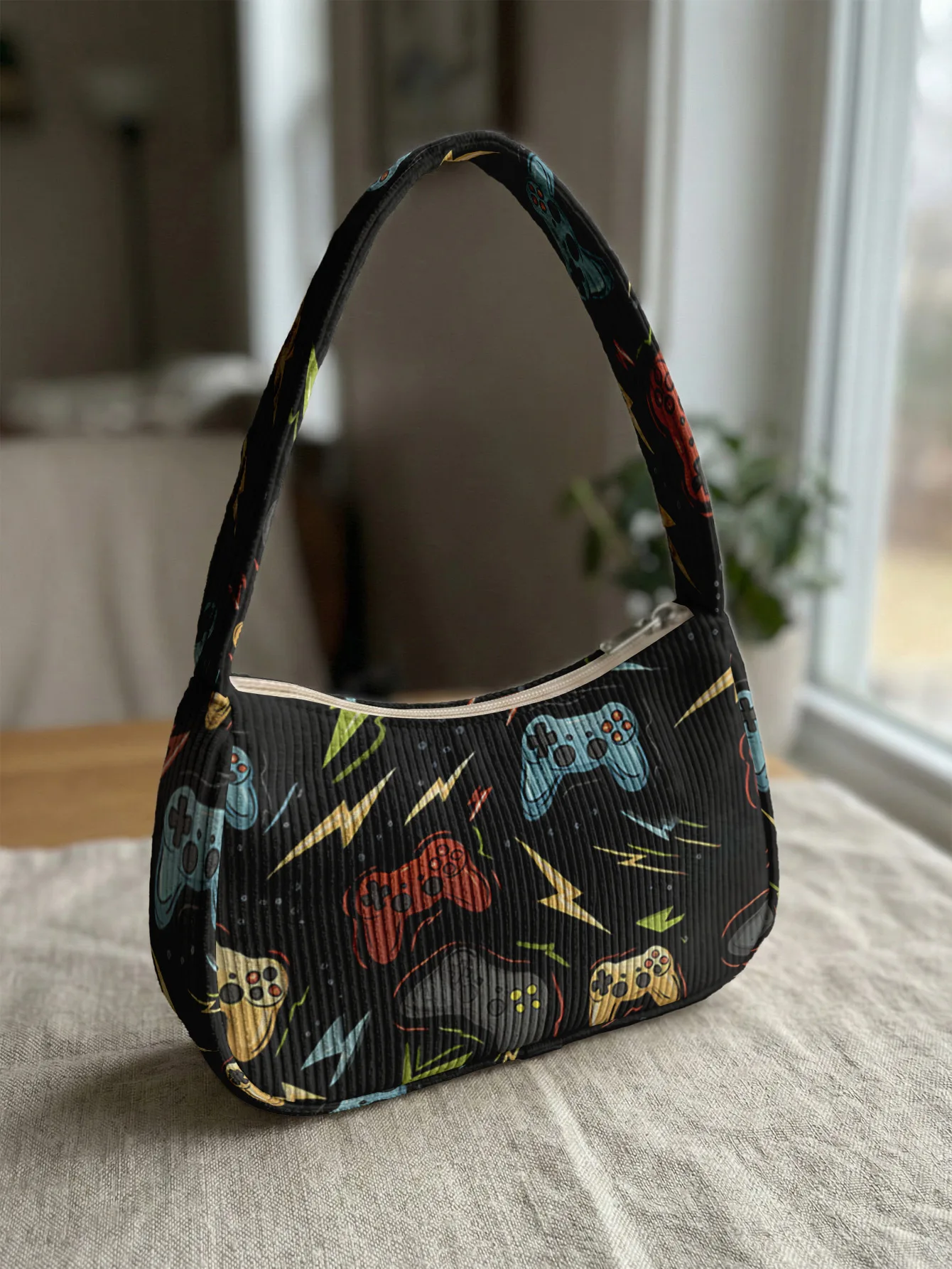 

Модная сумка через плечо с принтом игрового контроллера и молнии, винтажная вельветовая сумка-багет