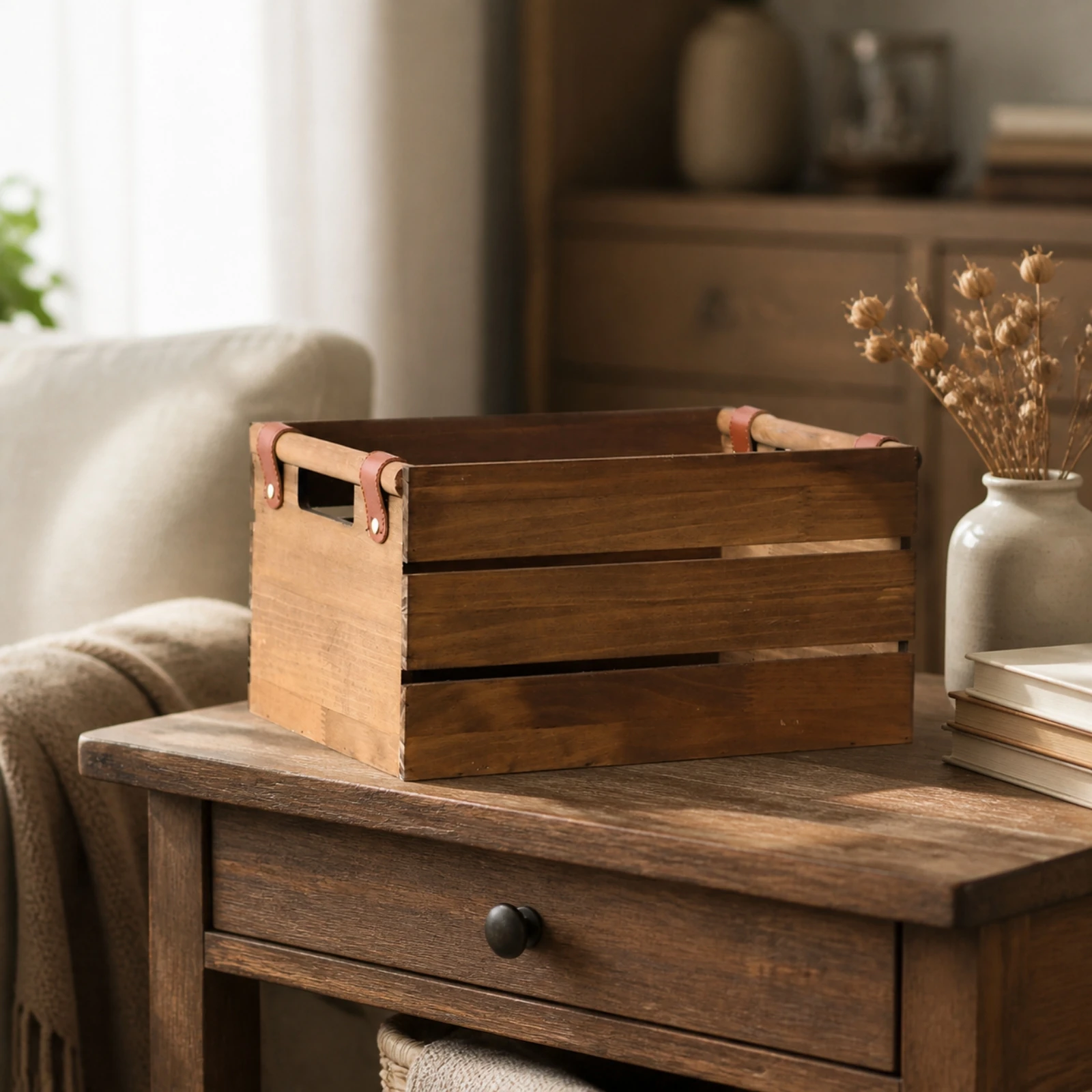 Vintage-Style Wooden Storage Crate Space-Saving Slatted Wooden Crate with Side Handles Lightweight for Desktop Organization