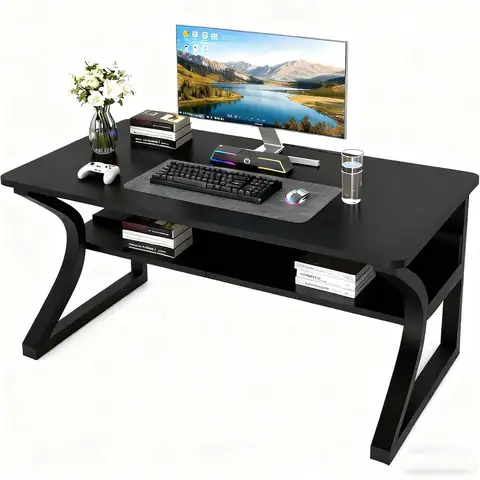47 Metal Frame Home Office Desk with Storage, Compact Wood Desk for Study, Bedroom or Small Spaces with Cable Management