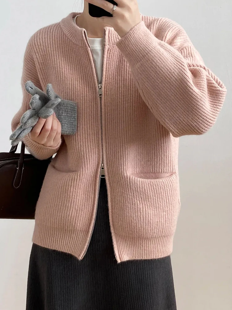 Solid Color Simple O-neck Double Zipper Cardigan Women Autumn Winter Long Sleeve Pockets Warm Knitted Coats Casual Loose Sweater