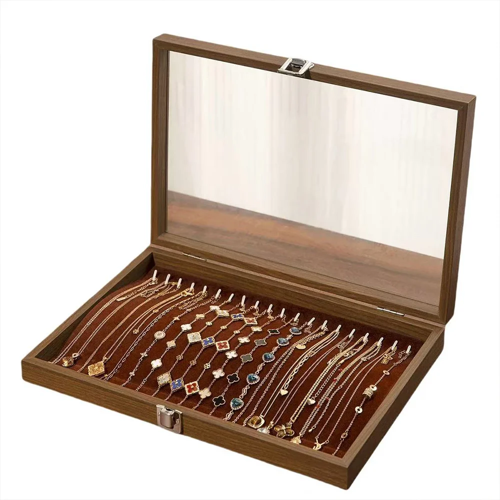 PEARLCINEMA Vintage Wooden Jewelry Box - Premium Necklace & Bracelet Storage Organizer with Velvet Lining (35x24x5cm, Holds 20 P