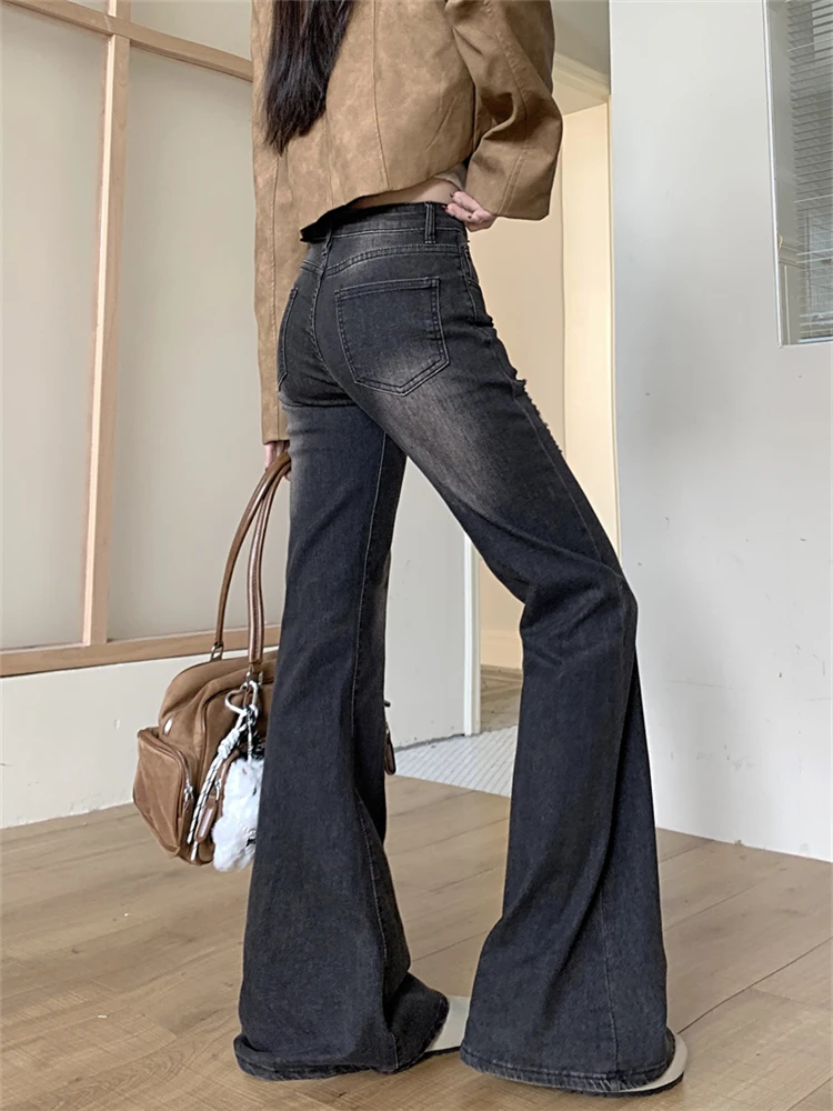 Women's Distressed Black Gray Micro Flared Jeans Cool Girl Wide Leg Streetwear Vintage Trouser Female Casual Denim Pants