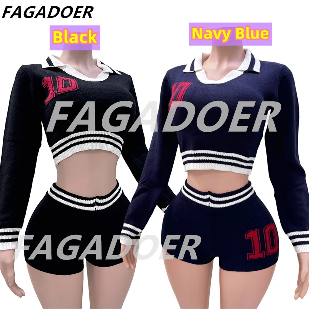 FAGADOER Sexy Knit 2 Piece Set Outfits Women Autumn Preppy Style Stripe Patchwork Cropped Sweater + Shorts Girls Y2k Streetwear