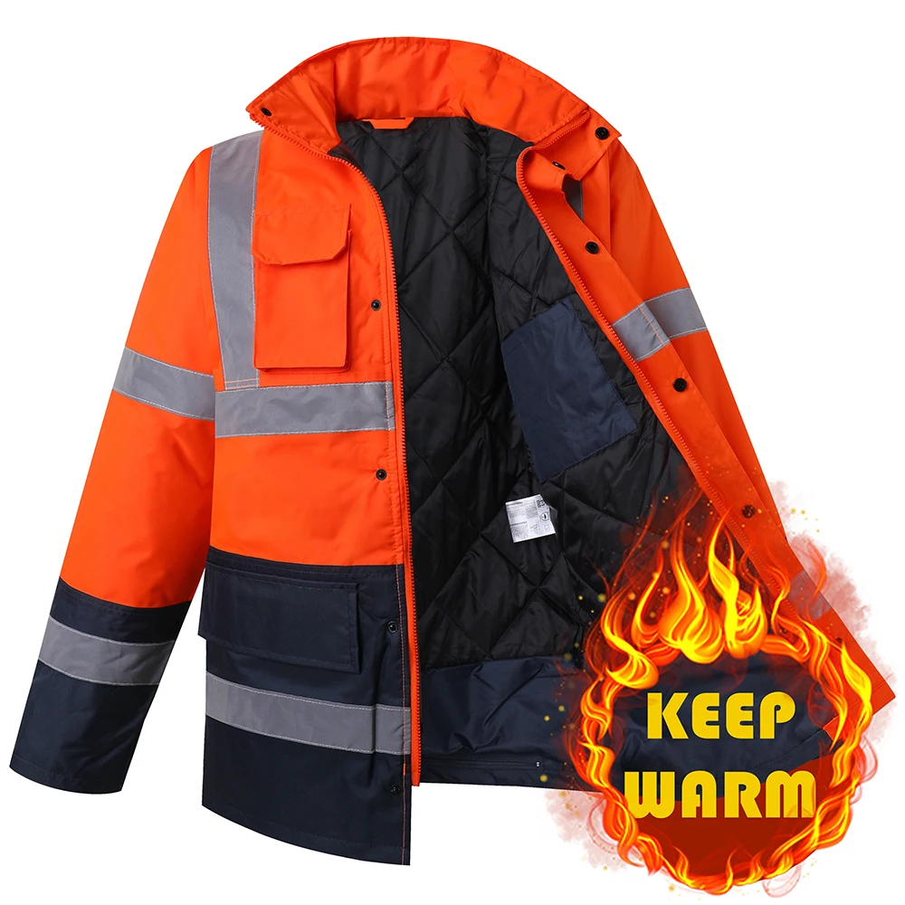 Jaket Parka Pria Baju Dewasa Musim Dingin Hangat Mantel Reflektif Jaket Kerja Hi Vis dengan Jaket Tahan Air Multi Saku Pria