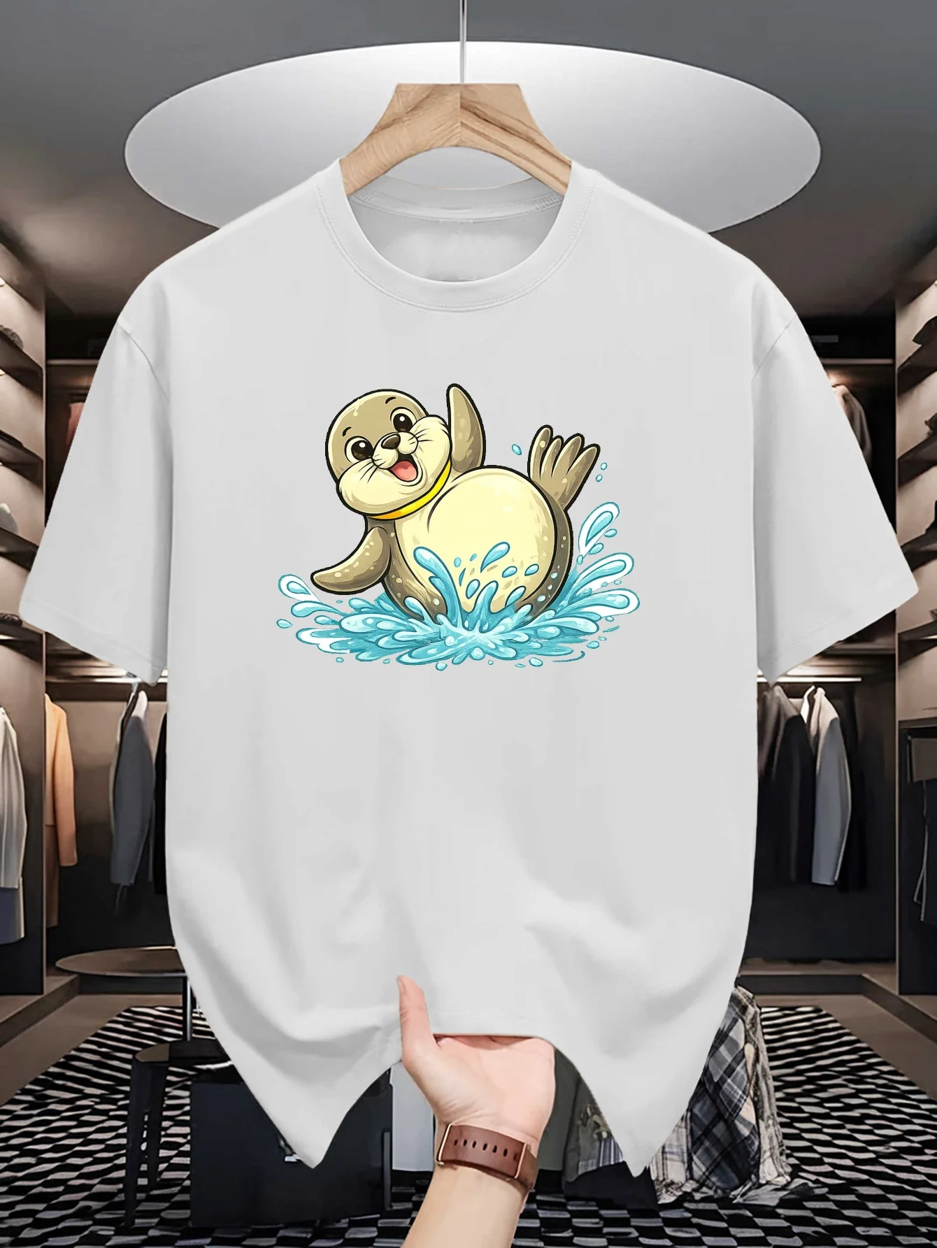 Ocean Animal Men Short Sleeve Tshirt Happy Cartoon Seal Water Splash Print O Neck Tee Marine Creature Male Casual Fashion Tops