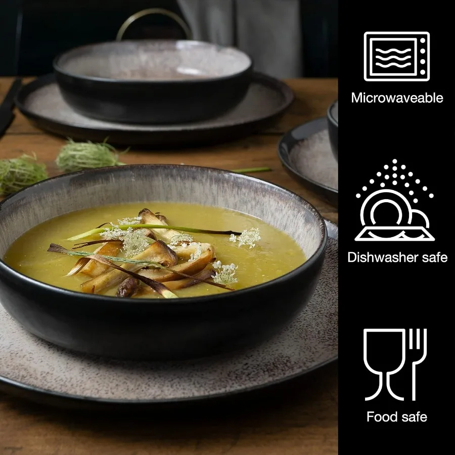 12-delige porseleinen serviesset voor 4 personen |   Inclusief 4 dinerborden, 4 dessertborden, 4 kommen |   Moderne beige keramische tafel