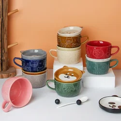 Ceramic Coffee Cups Mug Ceramics Cute Cat Cup Kids Breakfast Oat Milk Mugs Lid Personality Gift  Animal Cartoon Ceramic Cup