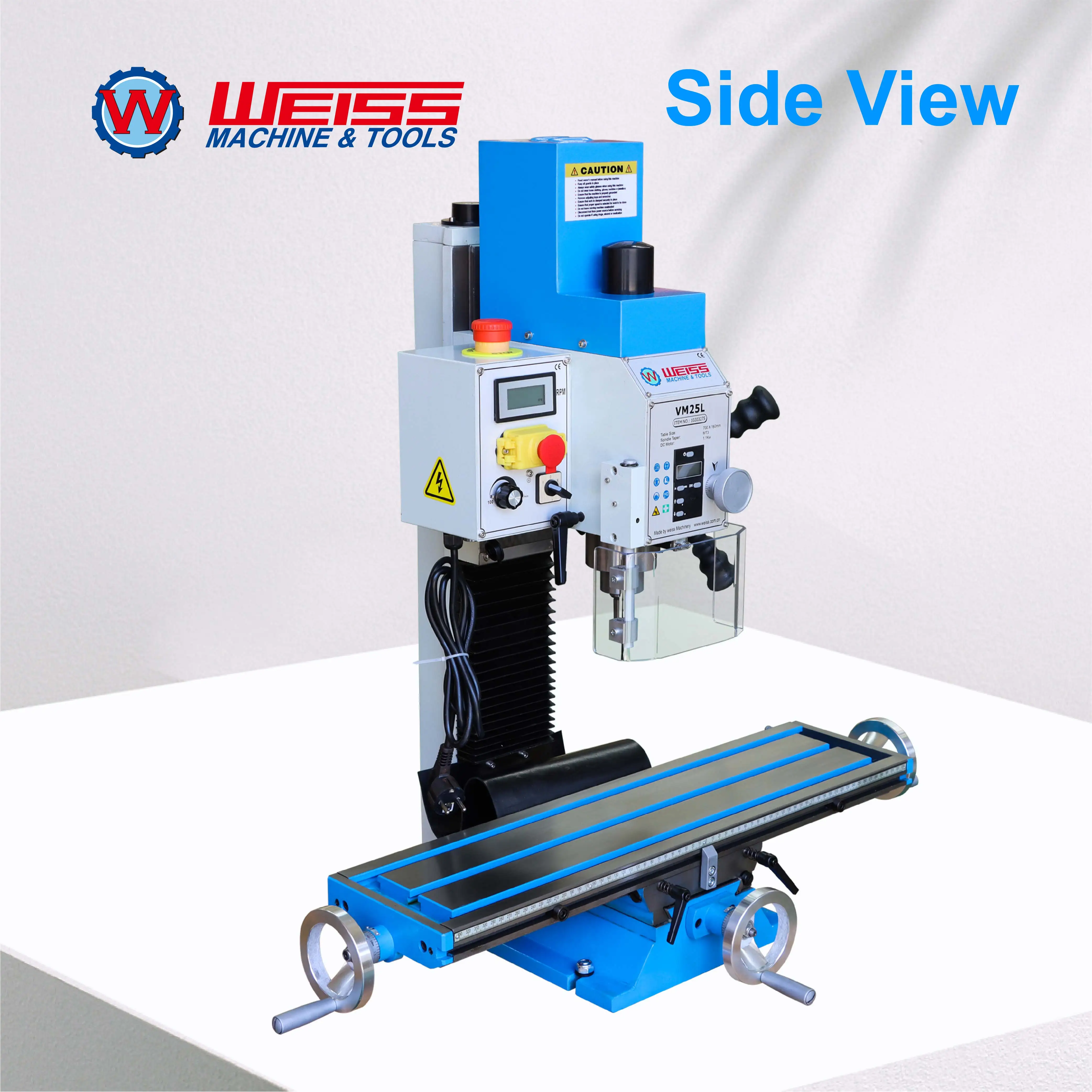 WEISS Milling Machine VM25L 1100W Brushless Motor Mill Drill MT3 R8 Variable Speed 2250rpm for Precision Machining