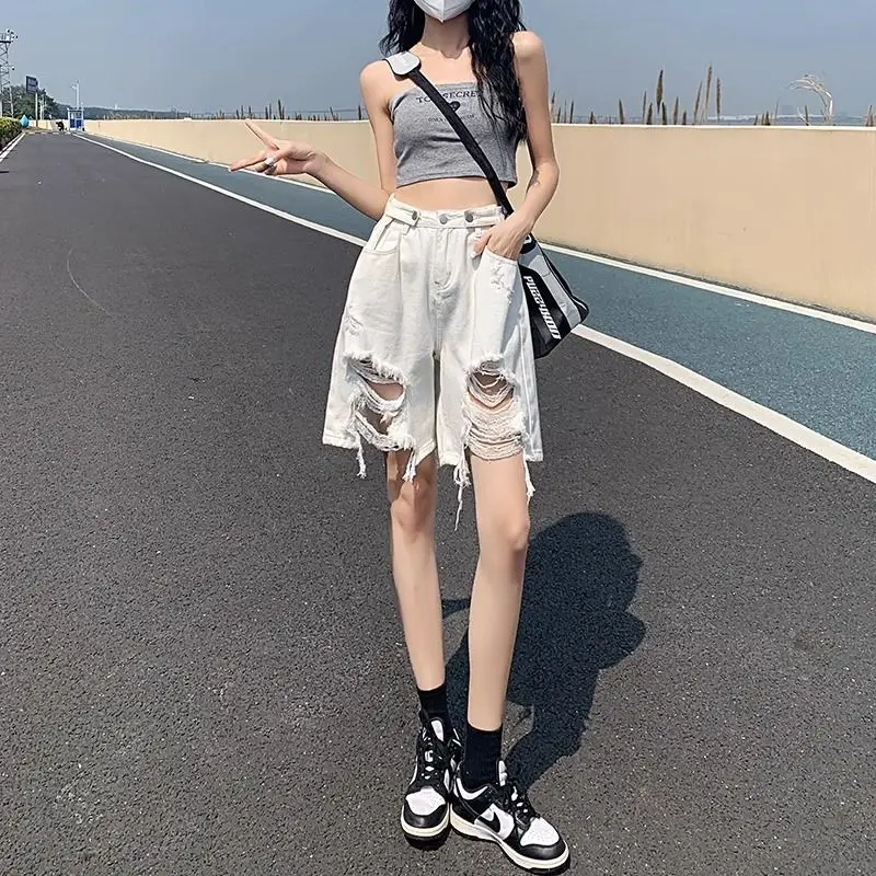 

Women's Loose and Slim Design A-line Hot Girl Ripped Straight High Waist Wide-leg Denim Shorts