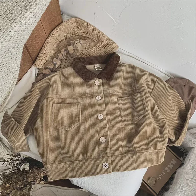 Vintage Solid Corduroy Coat Infant Boys Turn-down Collar Jacket Spring New Girls Baby Fashion Versatile Loose Outwear Clothes