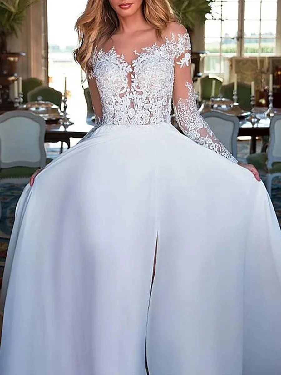 VENSANAC Boho A Line Illusion Appliques Long Sleeve Chiffon Wedding Dress Sweetheart Sweep Train Lace Bridal Gowns