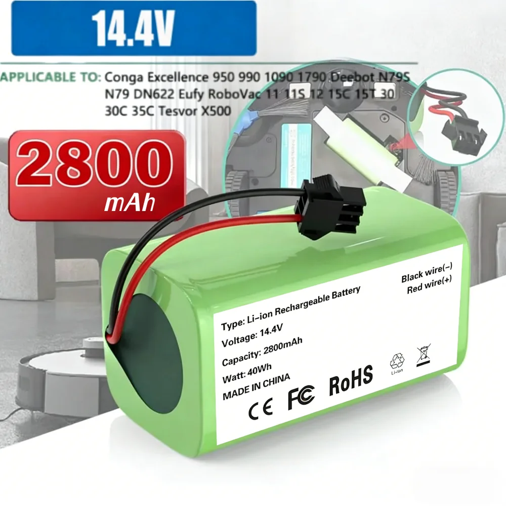 

14.4V 2600mAh Battery for Conga 990 1090 Tesvor X500 Ecovacs Deebot N79 N79S Eufy RoboVac 11S 30 Replacement.