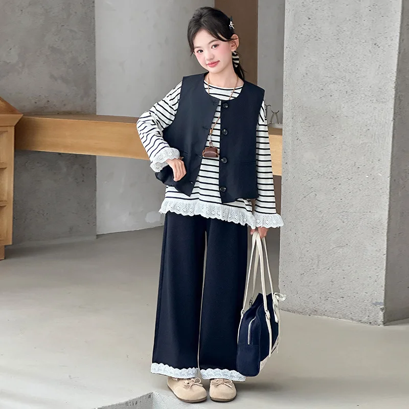 

Autumn Junior Girls 3pcs Suits Lace Patchwork Striped Undershirt+Single-breasted Vest+Straight Leg Pant Teenager Girls Outfit