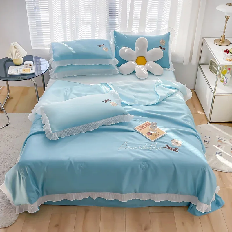 

Blue Washed Silk Summer Quilt Camellia Embroidered Ruffle Princess Style Thin Bedding Gradient Bedspread Air Conditioner Quilts