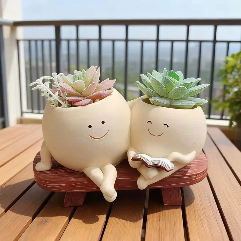 Brand-New Smiling Face Resin Flowerpot Chair Creative Succulent Plant Vase With Drainage Holes Suitable Home Garden Decoration