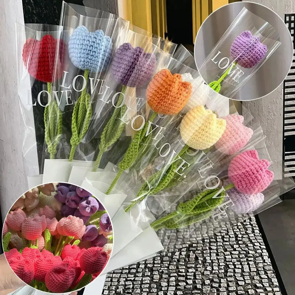 

Fashion Hand-Knitted Knitting Flower Tulips Preserved Flower Handmade Simulation Flower Cotton Fake Flowers Mother's Day Gift