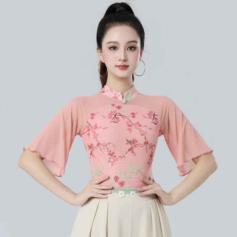 

2025 Summer New Latin Dancewear Top Clothing for Female Adults Nylon Elastic Mesh Dance Practice Clothing Mid Sleeve Samba Top