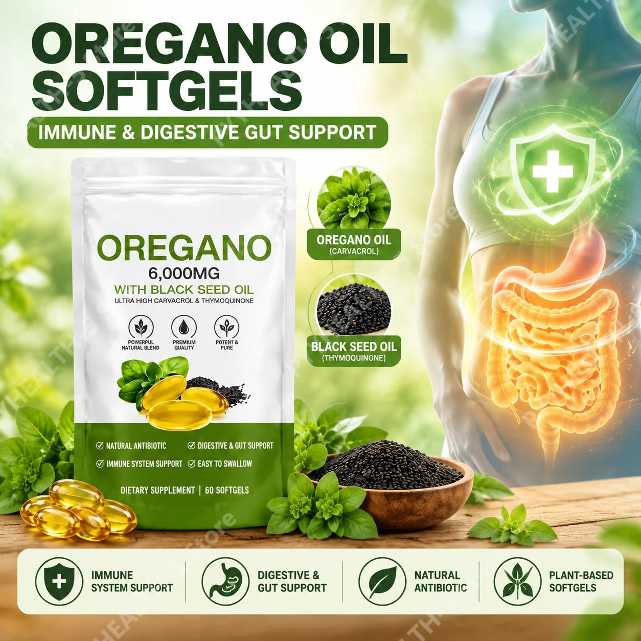Oil of Oregano Softgels with Black Seed Oil 6000mg 165mg Carvacrol Thymoquinone Gluten Free Daily Wellness 60/180 Softgels