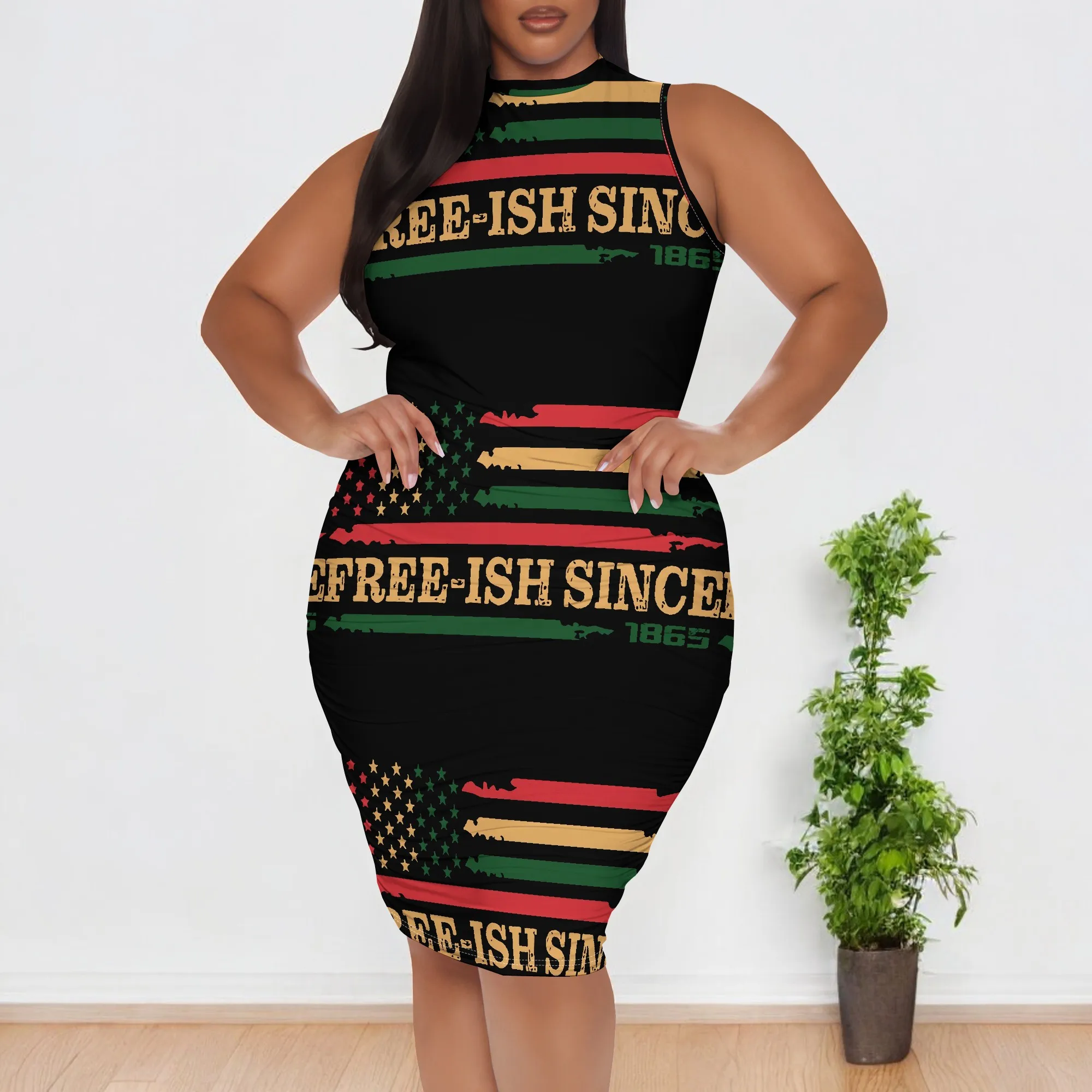 

Juneteenth Dress FREE-ISH SINCE 1865 Print XL-6XL Plus Size Bodycon Sleeveless African American Holiday Outfit