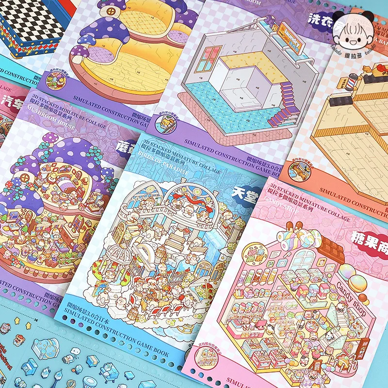 Miniature Scene Builder Sticker Book DIY Diorama Scenes, Position Guide Lines, Cartoon Stickers for Journal, Mini House Craft