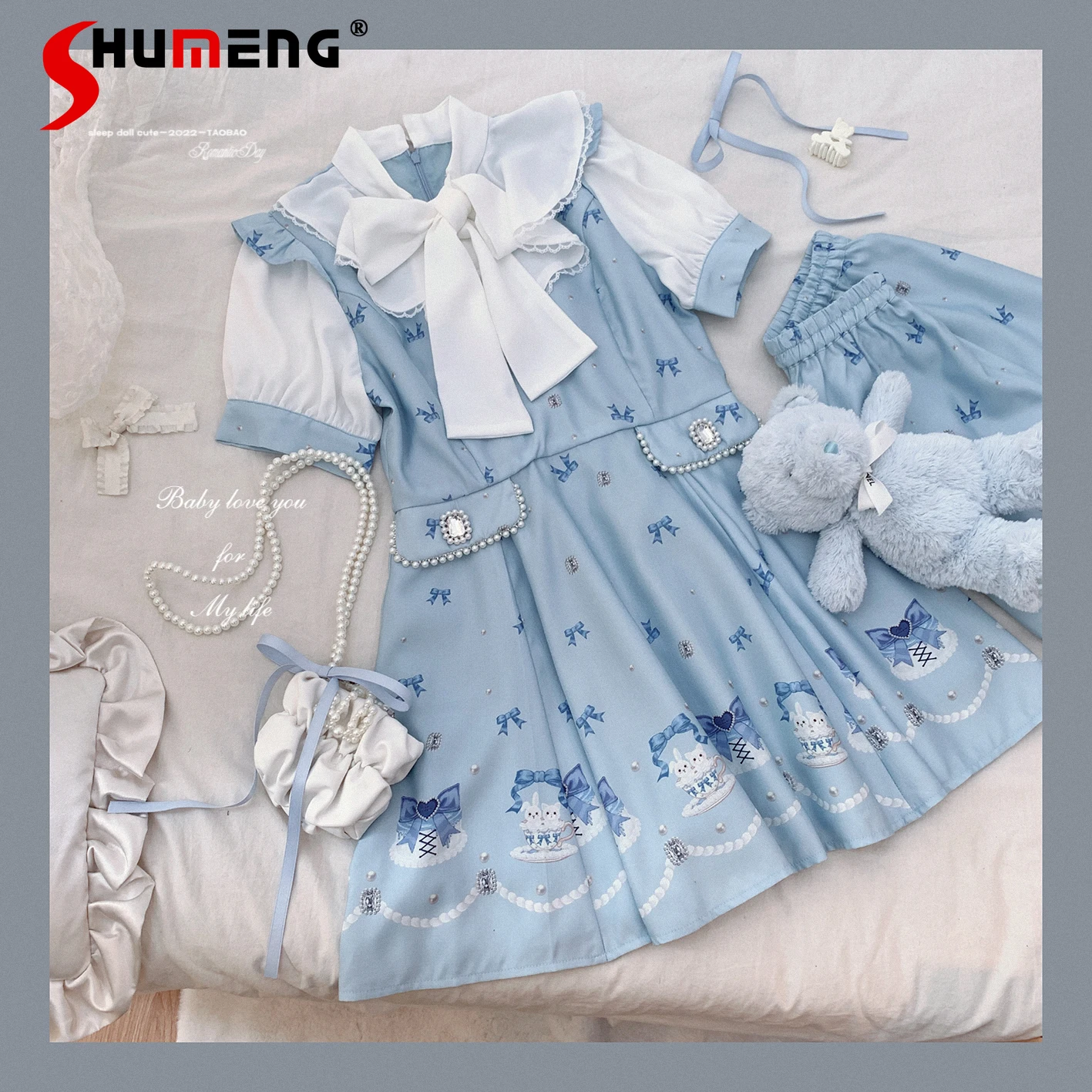 

Japanese Cute Woman Mine Beaded Bow Print Dress Suit 2023 Summer New Vintage Short Sleeve Dresses and Shorts Set Two Pieces