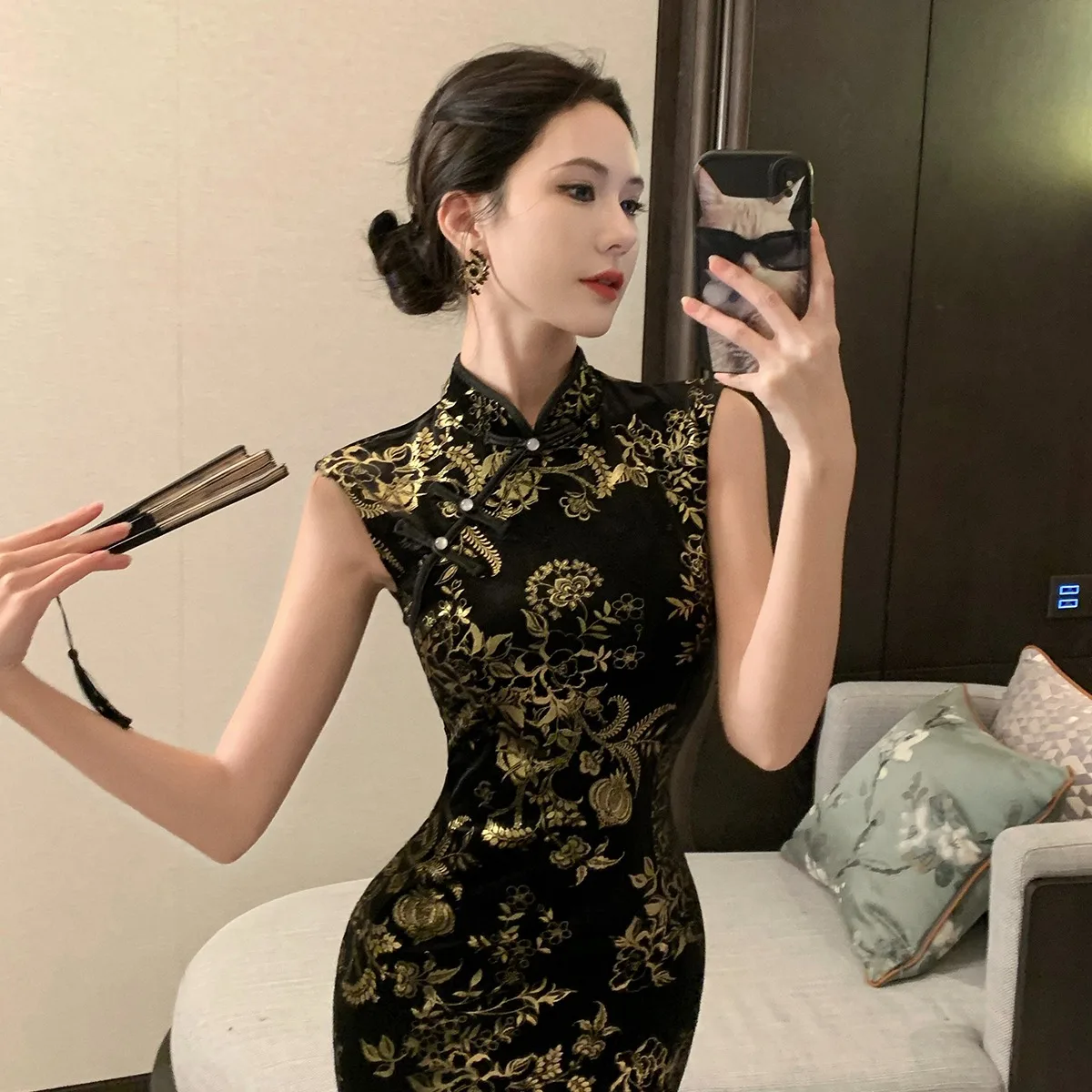 Ele Velvet Retro Qipao Dr Slimming No-Sve فتحة عالية متوسطة الطول للنساء في 20s و30s Sle الصينية