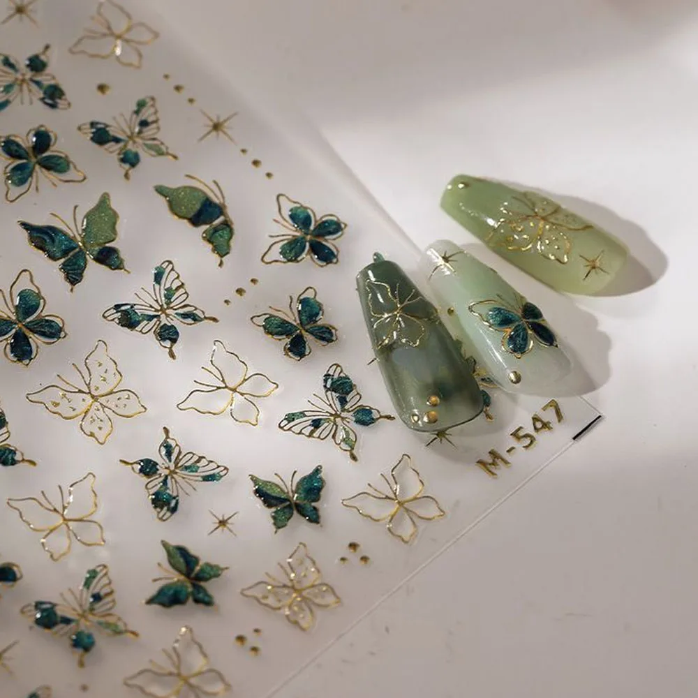 5D ブルーグリーン宝石蝶ネイルステッカーブロンズクリスタルゼリー蝶自己粘着ネイルデカールグリッター蝶ネイルデコレーション