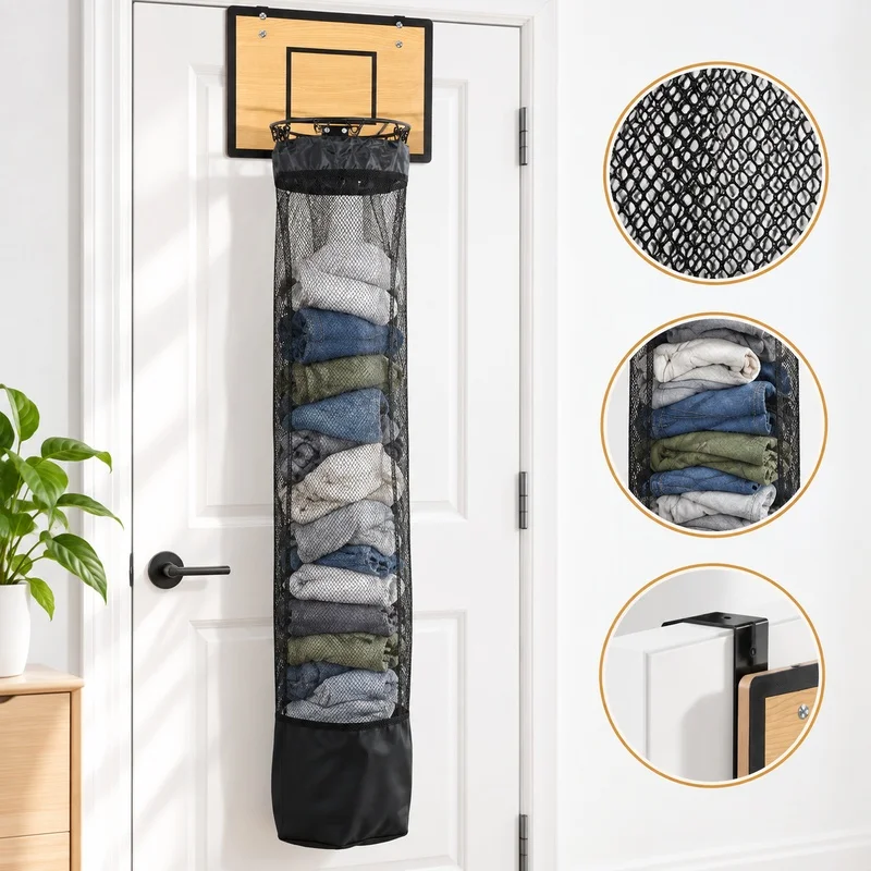 Wooden Basketball Hoop Laundry Hamper, No Drill Wall Mounted Kids Dirty Clothes Storage Rack Multifunctional Fun Organizer
